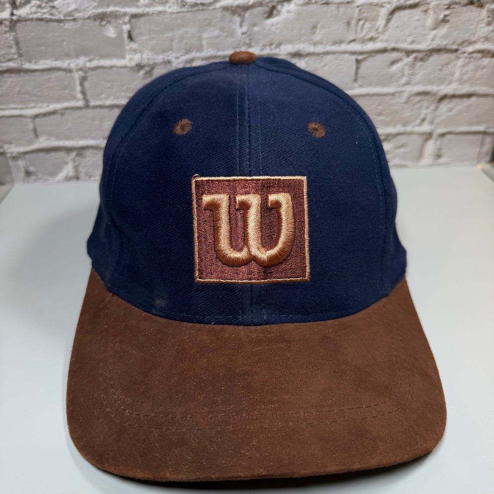 Vintage Wilson Sporting Goods W Logo Navy Brown Leather Strapback Hat 80s 90s